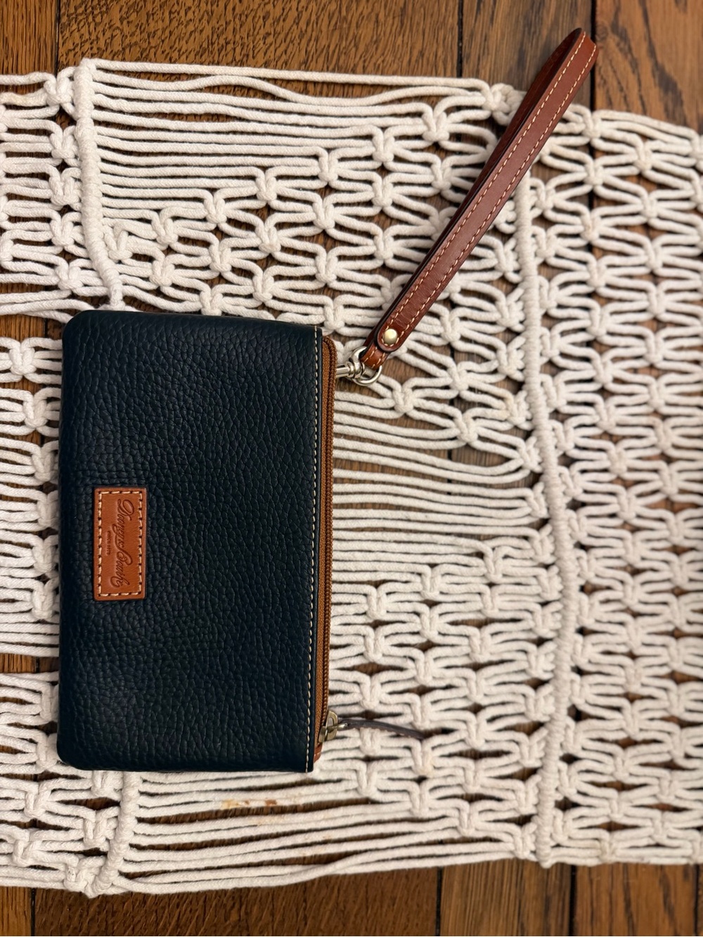 Leather Wristlet Wallet - Black with Brown Trim